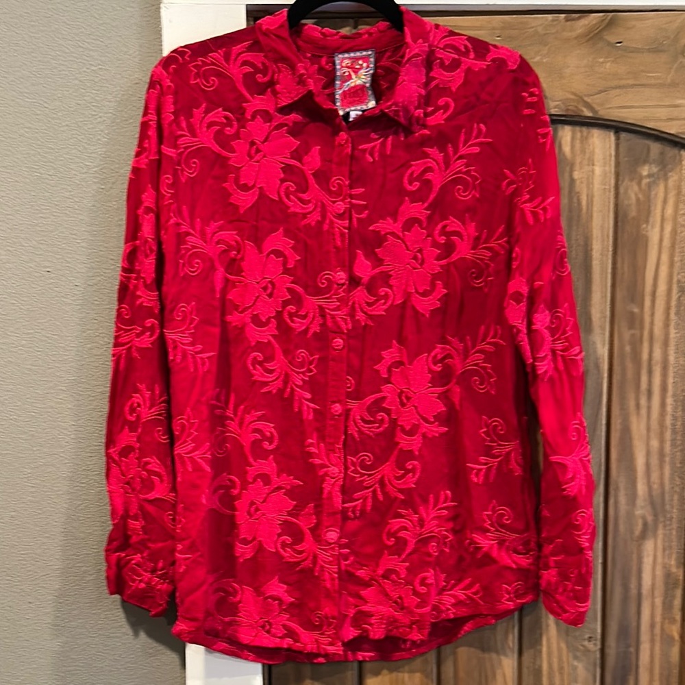 Johnny Was Red Embroidered Long Sleeve Button Down